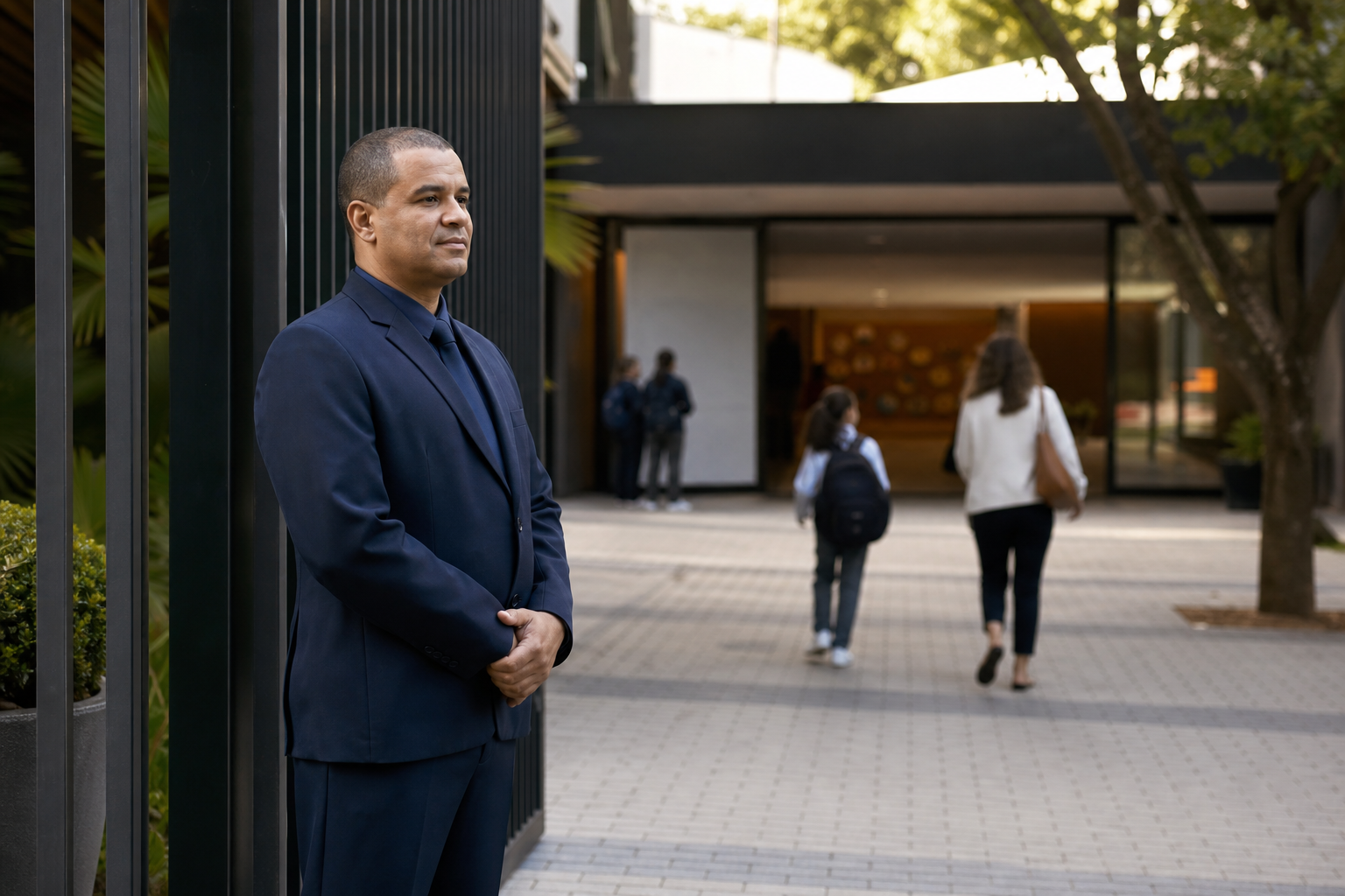 Entrada de uma instituição de ensino com vigia escolar